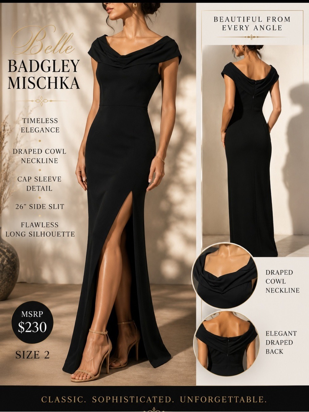 Belle Badgley Mischka NWT Black Off Shoulder Gown Size 2 MSRP $230